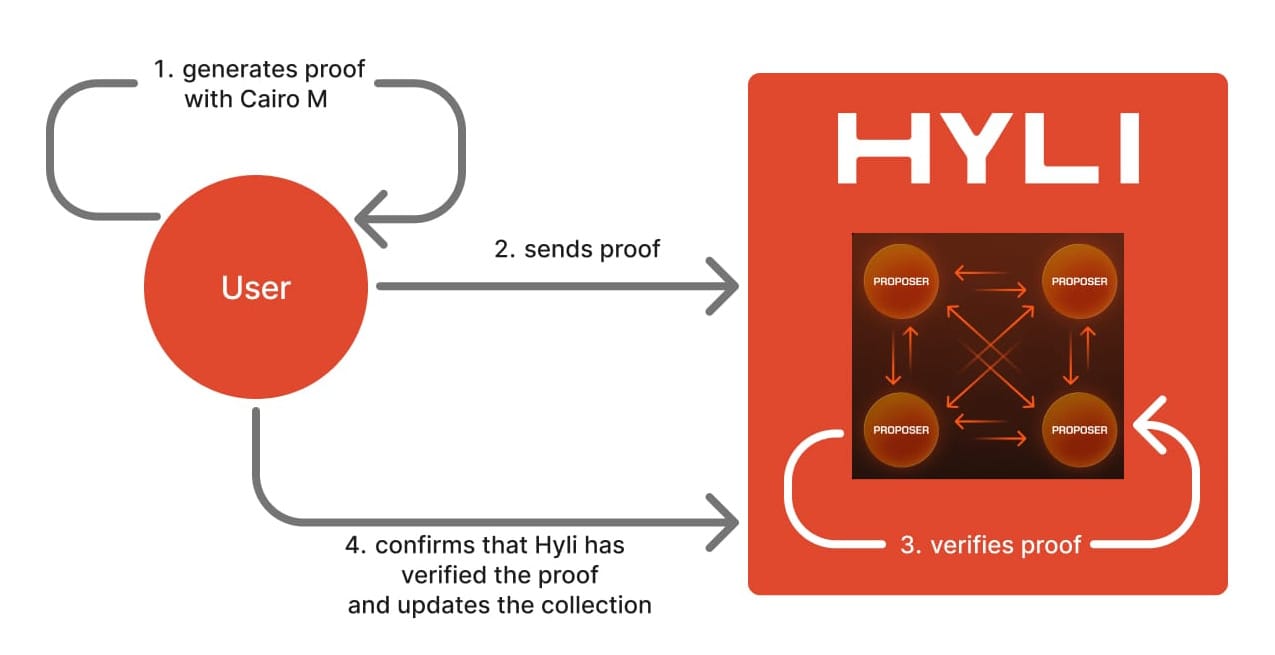 Step 1: generate a proof. Step 2: send the proof to Hyli. Step 3: Hyli consensus verifies and settles the proof. Step 4: confirm that Hyli has verified the proof and update the Fib collection and leaderboards.