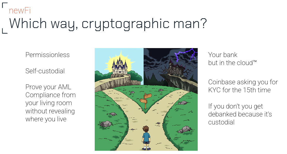 Meme illustration comparing two futures for onchain finance: centralized corporate chains versus a permissionless, self-custodial path.