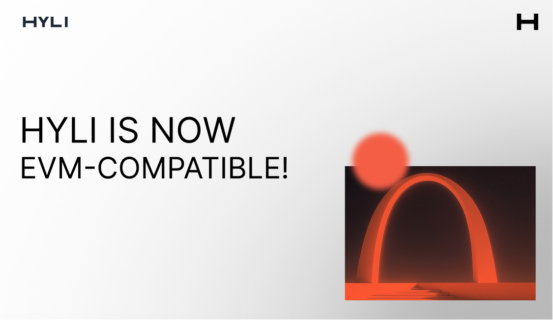 Minimal white slide announcing "HYLI IS NOW EVM-COMPATIBLE!" with a red-orange arch sculpture and glowing orb on the right, HYLI logo top corners.